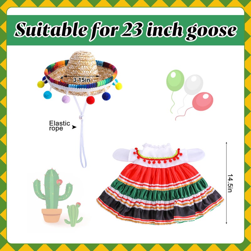 Watayo 2 Pcs/Set Mexican Porch Goose Outfits, Lawn Goose Clothing Costume for Cinco De Mayo, Garden Goose Clothes Striped Dress Mexican Sombrero for 23" High Statue Outdoor Patio Yard Decor (A Style) - Image 2