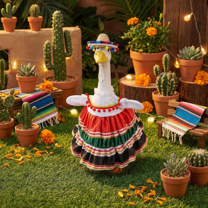 Watayo 2 Pcs/Set Mexican Porch Goose Outfits, Lawn Goose Clothing Costume for Cinco De Mayo, Garden Goose Clothes Striped Dress Mexican Sombrero for 23" High Statue Outdoor Patio Yard Decor (A Style) - Image 4