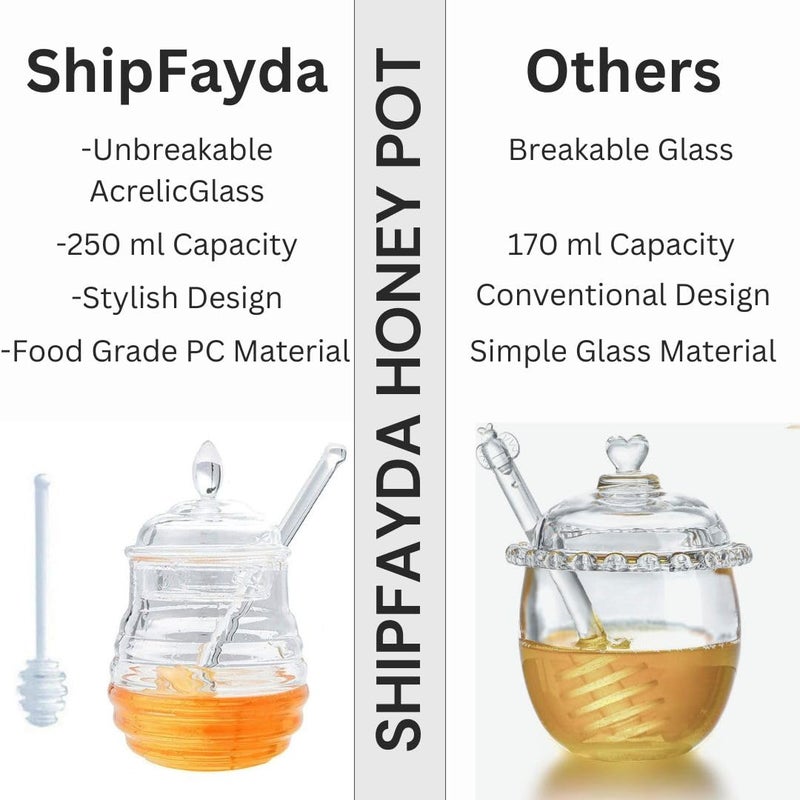 ShipFayda Honey Dispenser Acrylic Glass Honey Jar with Dipper and Lid Honey Pot Container for Home Kitchen Storing Honey and Syrup HeatResistant 250ml - Image 3