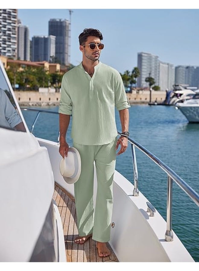 Men's Fall Casual Outfits Solid Color Henley Collar Long Sleeve Tops with Elastic Waist Pants 2 Piece Matching Set  - Image 1