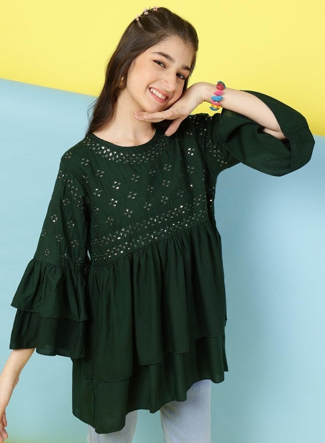 ISHTI Girls Bottle Green Rayon Sequin Embroidered Top with Bell Sleeves | Stylish Kurti Top for Kids - Image 4