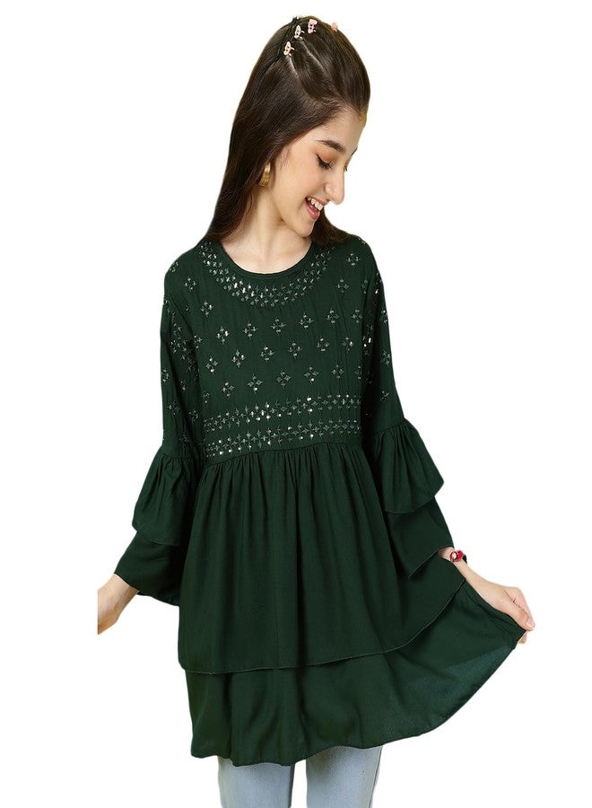 ISHTI Girls Bottle Green Rayon Sequin Embroidered Top with Bell Sleeves | Stylish Kurti Top for Kids - Image 1