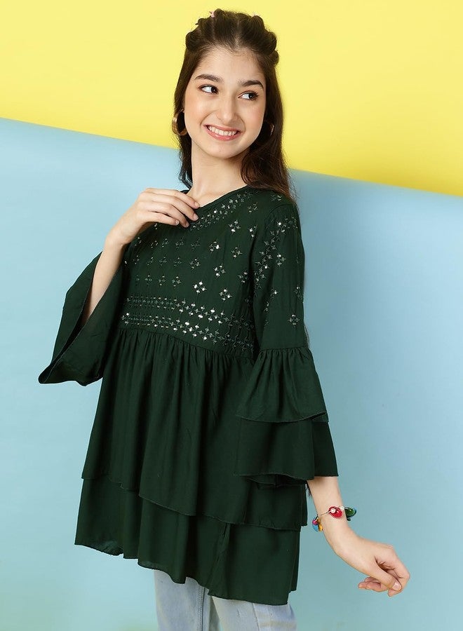 ISHTI Girls Bottle Green Rayon Sequin Embroidered Top with Bell Sleeves | Stylish Kurti Top for Kids - Image 5