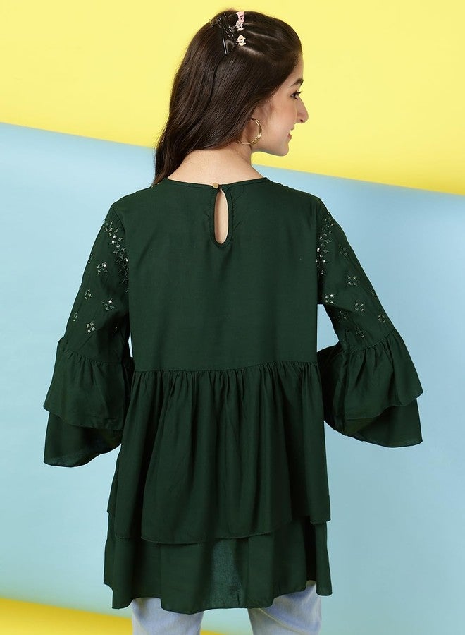 ISHTI Girls Bottle Green Rayon Sequin Embroidered Top with Bell Sleeves | Stylish Kurti Top for Kids - Image 2
