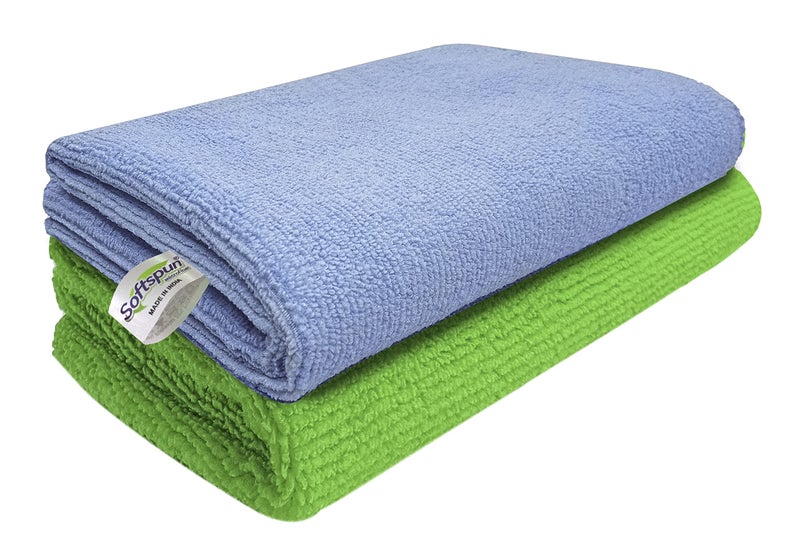 SOFTSPUN Microfiber Cleaning Cloths, 2pcs 40x40cms 340GSM Green! Sky Blue! Highly Absorbent Lint and Streak Free, Multi -Purpose Wash Cloth for Kitchen Car Window Stainless Steel Silverware. - Image 1
