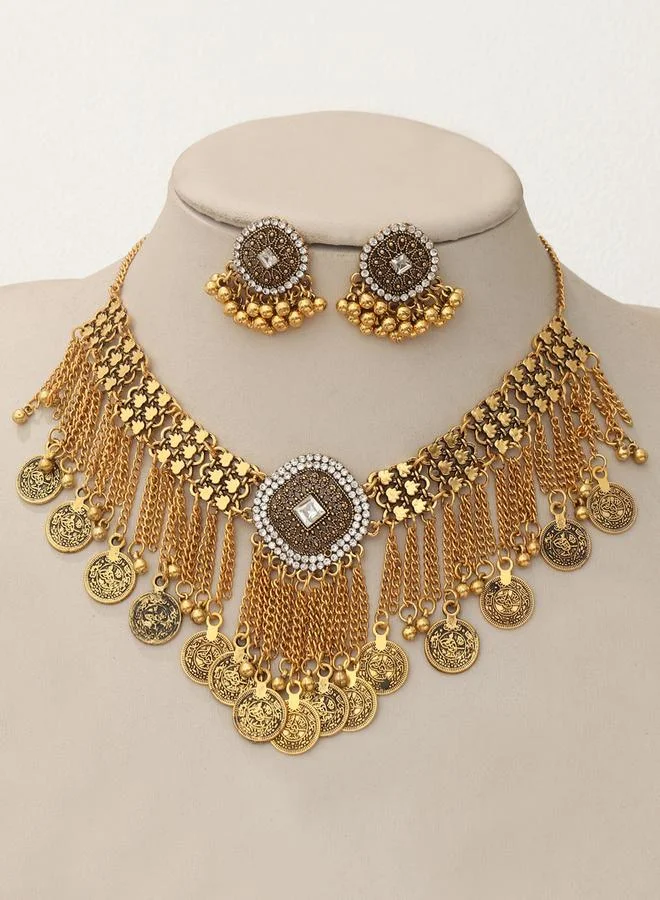 Take Two Take Two Gold Coin Tassel Necklace and Earrings Jewelry Set