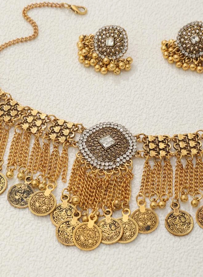 Take Two Take Two Gold Coin Tassel Necklace and Earrings Jewelry Set