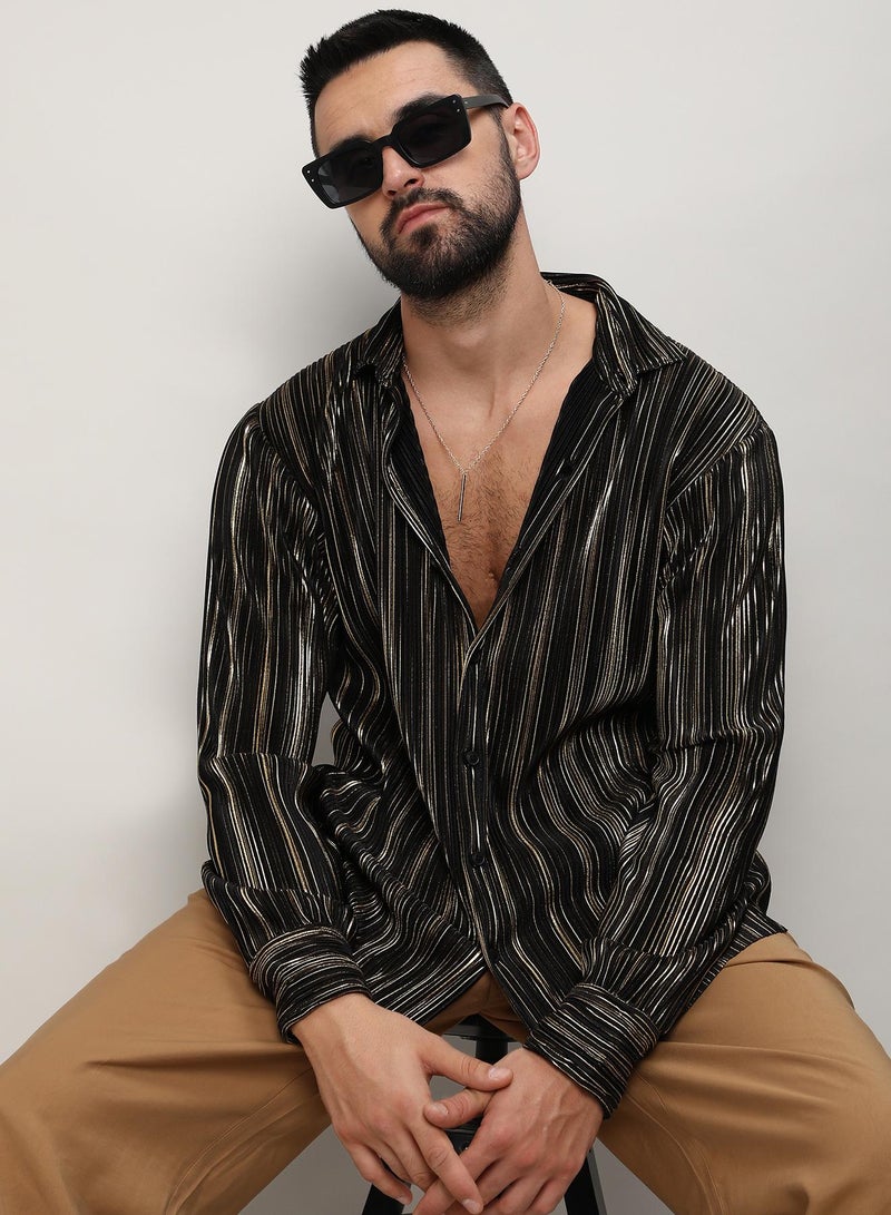 Campus Sutra Men's Jet Black & Metallic Gold Pleat-Creased Shirt - Image 2