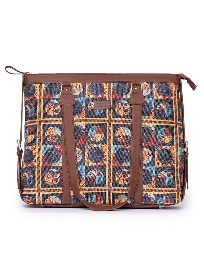 ZOUK Black Printed Handmade Vegan Leather Women's Office Bag for 15.6 inch Laptop and iphone with double handles - African Art - Image 1