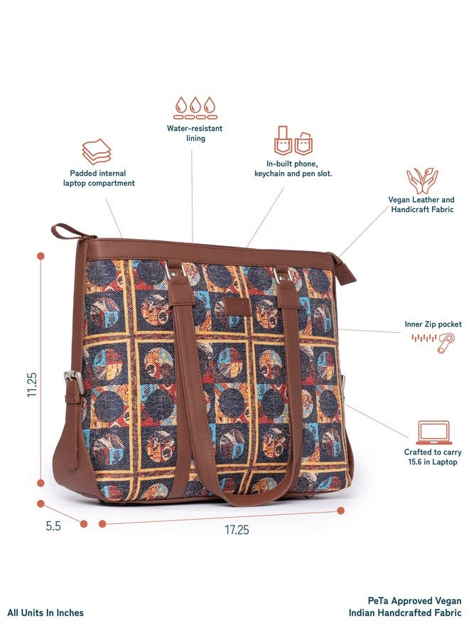 ZOUK Black Printed Handmade Vegan Leather Women's Office Bag for 15.6 inch Laptop and iphone with double handles - African Art - Image 4