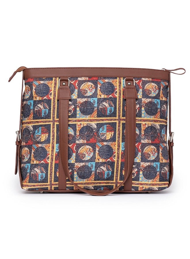 ZOUK Black Printed Handmade Vegan Leather Women's Office Bag for 15.6 inch Laptop and iphone with double handles - African Art - Image 3