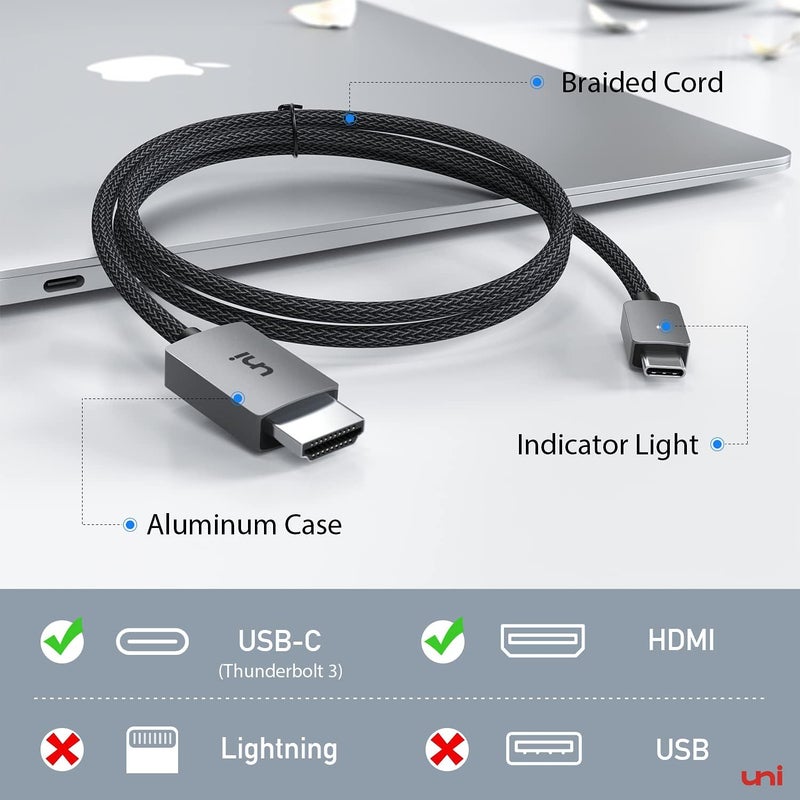 Uni كابل USB C إلى HDMI بطول 3 أقدام 4K@30Hz، كابل USB Type C أحادي الاتجاه إلى HDMI، [متوافق مع Thunderbolt 3/4] مع MacBook Pro/Air، iPhone 15 Pro/Max، Galaxy S8-S24، Surface Book 2، XPS، Chromebook - Image 5