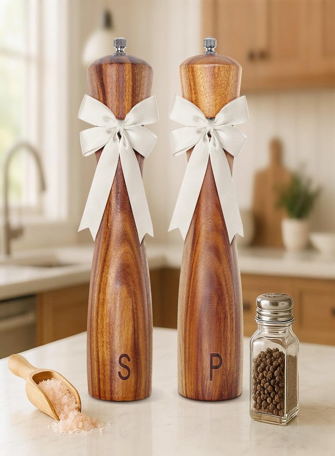 DZDOV Wedding Gifts for Couples 2025: Acacia Wood Salt and Pepper Grinder Set with Bow Design - Kitchen Counter Decor - Image 1