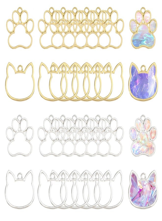CHGCRAFT 32Pcs 4 styles Cat Head Shaped Dog Paw Open Back Bezel Pendants Alloy Pendants Bezel Blank Trays Hollow Frame For DIY UV Resin Epoxy Resin Pressed Flower Jewelry - Image 1