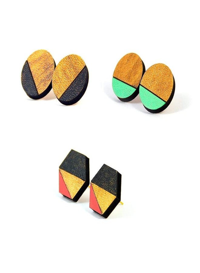 ORENAME Wooden Earrings for Girls and Women 3 Pairs Set Handmade Wooden Earrings with Ear Backs for Women and Girls Different Shapes and Colors(Pack of 3 -Style-1,2,3) - Image 1