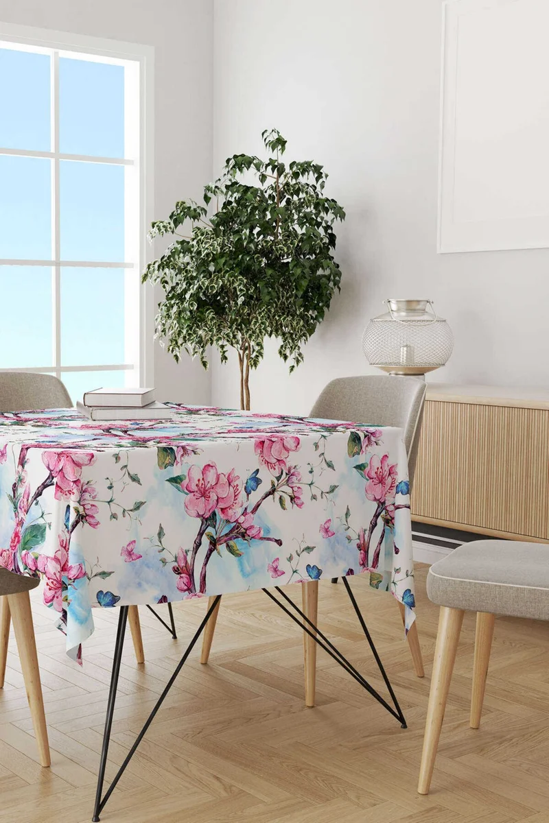 كانغو هوم White Pink Spring Flowers Patterned Digital Printed Tablecloth OTYK786-MS