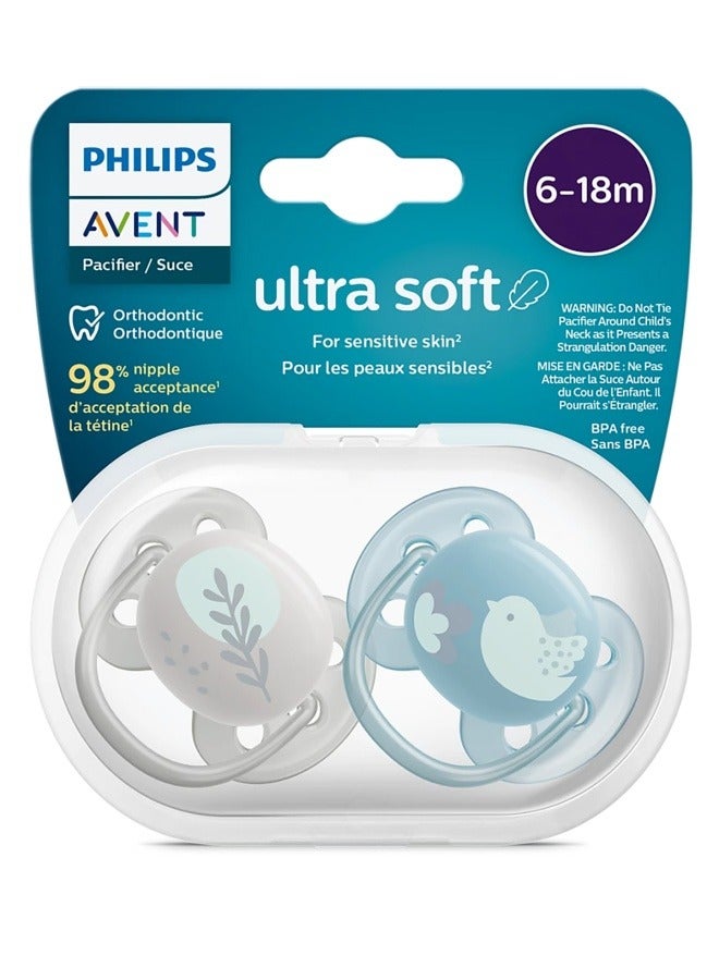 Soother Ultra SOFT 6-18M For Boys, 2 Pieces | No.1 Brand Recommended by Moms Worldwide | Light, Soft, BPA free, Orthodontic with Sterilization Case