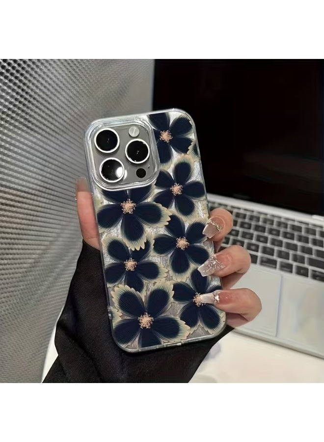 Temu Luxury iPhone case with blue floral patterns, shockproof and scratch-resistant cover compatible with iPhone 15 Pro Max - Image 1