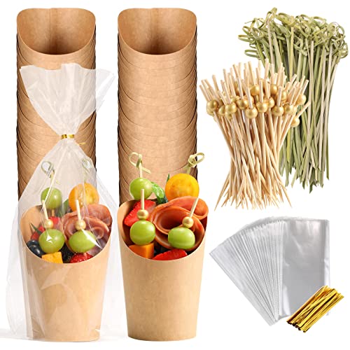 Disposable Charcuterie Cups 60 PCS with 200PCS Sticks and 60PCS Bags 14 oz Kraft Paper Snack Boxes Appetizers Cup French Fry Holder with Cocktail Skewers Toothpicks Tooth Picks Brown