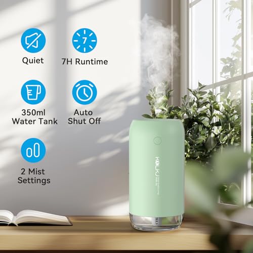 KQLKJ Portable Mini Humidifier, 350ml Small Cool Mist Humidifier for Plants, USB Personal Desktop Humidifier for Bedroom Car Office Travel with Auto Shut-Off & 2 Mist Modes (Green) - Image 2