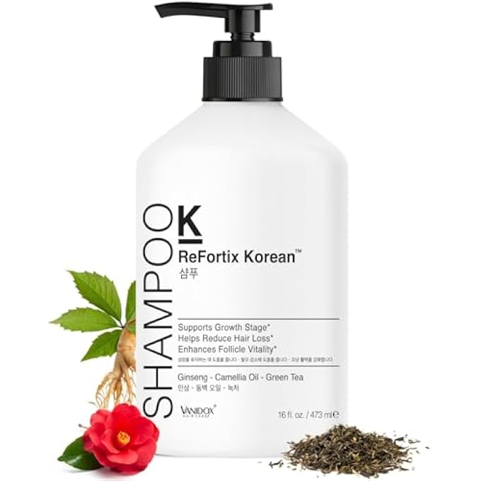 VANIDOX ReFortix Korean Shampoo, Enriched with Ginseng, Green Tea, and Camellia Oil, Supports Growth Stage and Helps Reduce Hair Loss for Stronger Hair (16 fl oz)