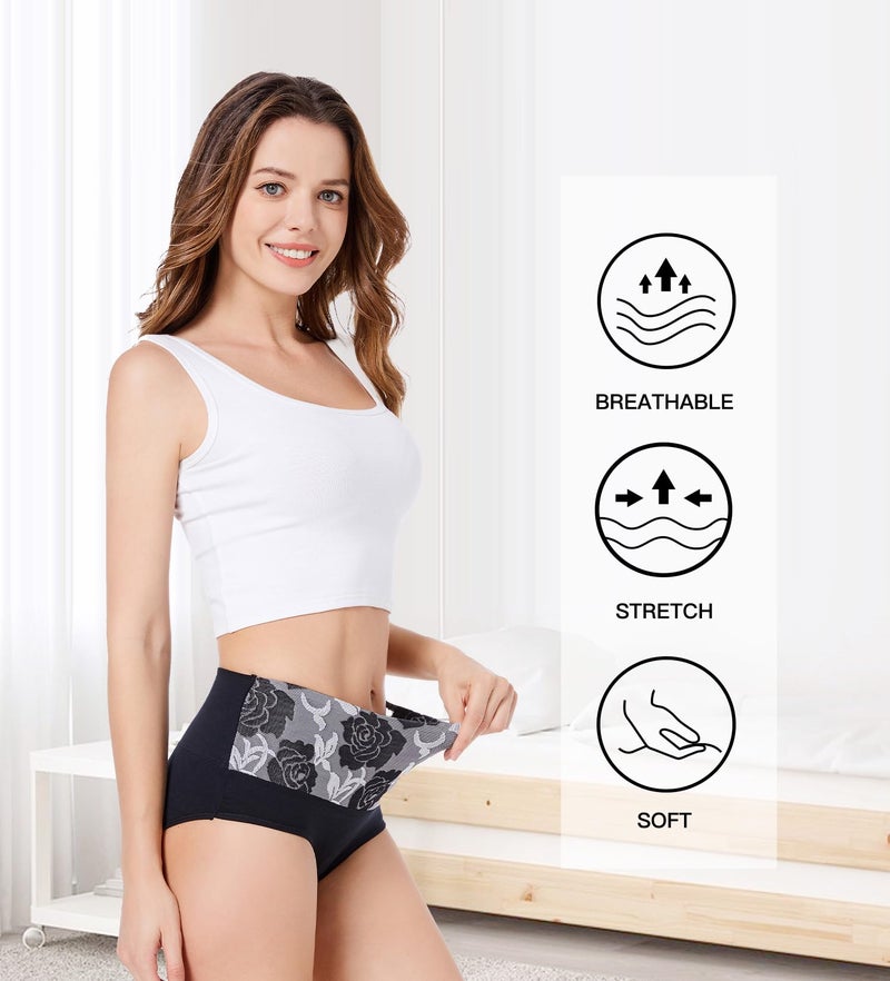 HAVVIS Women's Briefs Underwear Cotton High Waist Tummy Control Panties Rose Jacquard Ladies Panty Multipack (Brief 03-5 Pack - 3black,2grey, 3X-Large) - Image 4