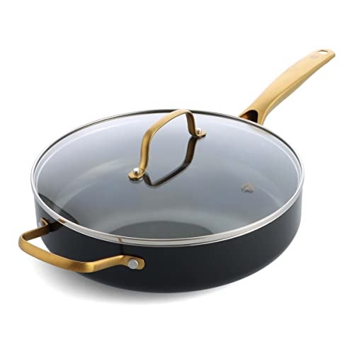 Blue Diamond 4QT Saute Pan with Lid, Non Toxic Induction PFAS-Free Diamond Ceramic Nonstick, Dishwasher & Oven Safe, Metal Utensil Safe, Gold Handle & Helper Handle, Jumbo Skillet, Glass Lid, Black - Image 1