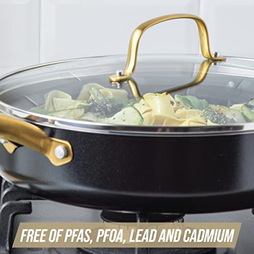 Blue Diamond 4QT Saute Pan with Lid, Non Toxic Induction PFAS-Free Diamond Ceramic Nonstick, Dishwasher & Oven Safe, Metal Utensil Safe, Gold Handle & Helper Handle, Jumbo Skillet, Glass Lid, Black - Image 4