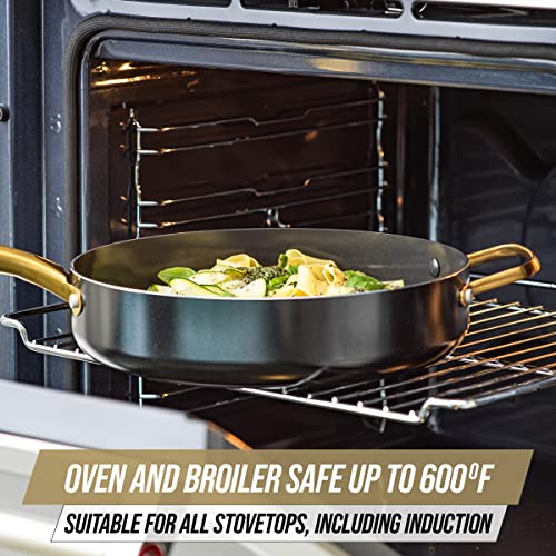 Blue Diamond 4QT Saute Pan with Lid, Non Toxic Induction PFAS-Free Diamond Ceramic Nonstick, Dishwasher & Oven Safe, Metal Utensil Safe, Gold Handle & Helper Handle, Jumbo Skillet, Glass Lid, Black - Image 5