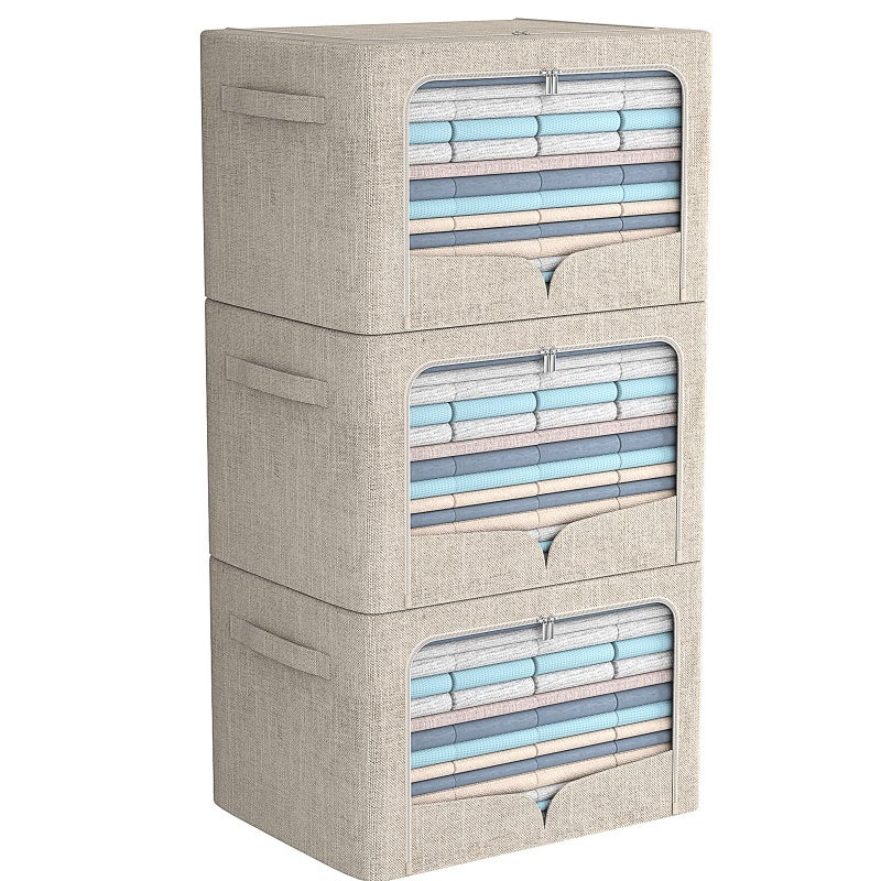 3 Pack Clothes Storage Bins  Foldable Metal Frame Storage Box  Stackable Linen Fabric Container Organizer Set with Carrying Handles and Clear Window Beige 197x157x13inch66L