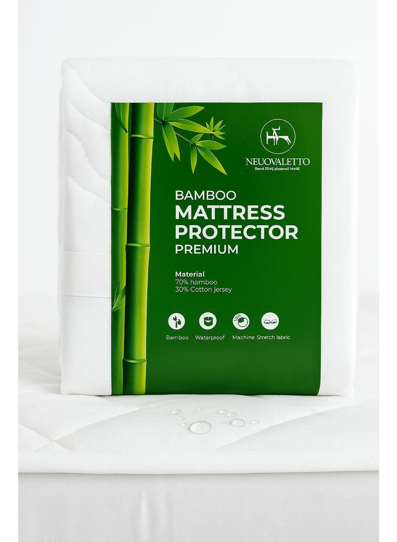 نيوفالييتو 150-200 مقاس كوين واقي مرتبة مقاوم للماء من الخيزران والقطن صديق للبيئة (70% خيزران / 30% قطن)  احمِ مرتبتك وكوكب الأرض مع واقي المرتبة المقاوم للماء الصديق للبيئة والمصنوع من الخيزران والقطن. مصنوع من مزيج مستدام طبيعيًا من 70% خيزران و30% قطن، ليمنحك طبقة ناعمة ومريحة وجيدة التهوية وصديقة للبيئة. - Image 4