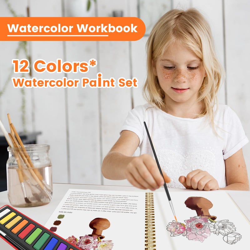 TLM Watercolor Workbook Set,Water Coloring Book Set,12 Different Patterns of Original DIY Designs,12-Color Watercolor Paint Set with Paintbrush,Beginner-Friendly Watercolor Workbooks (flower) - Image 2