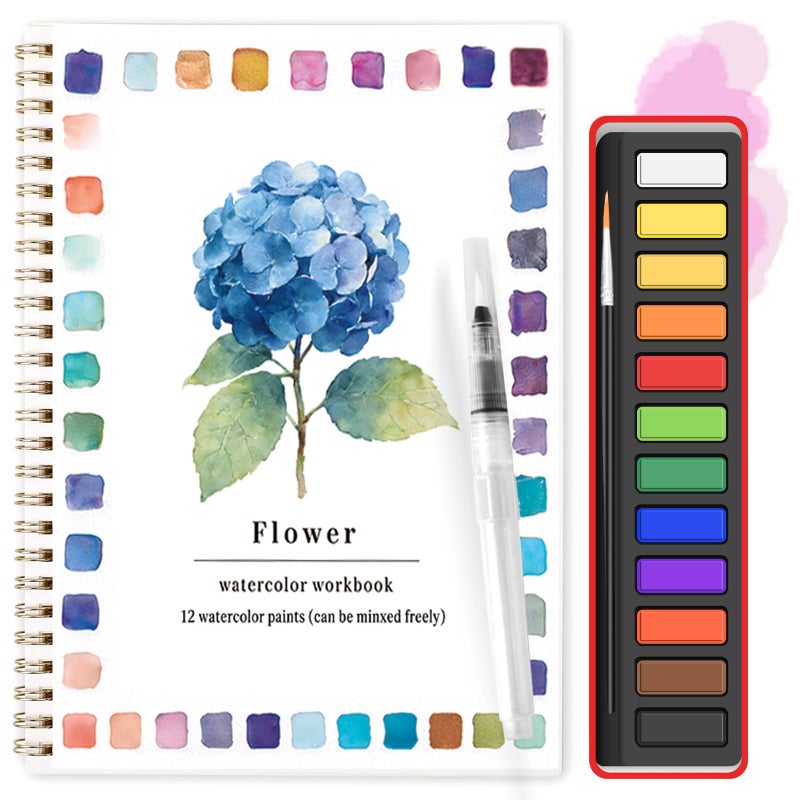 TLM Watercolor Workbook Set,Water Coloring Book Set,12 Different Patterns of Original DIY Designs,12-Color Watercolor Paint Set with Paintbrush,Beginner-Friendly Watercolor Workbooks (flower) - Image 1