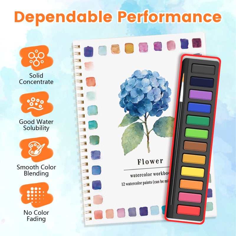 TLM Watercolor Workbook Set,Water Coloring Book Set,12 Different Patterns of Original DIY Designs,12-Color Watercolor Paint Set with Paintbrush,Beginner-Friendly Watercolor Workbooks (flower) - Image 4