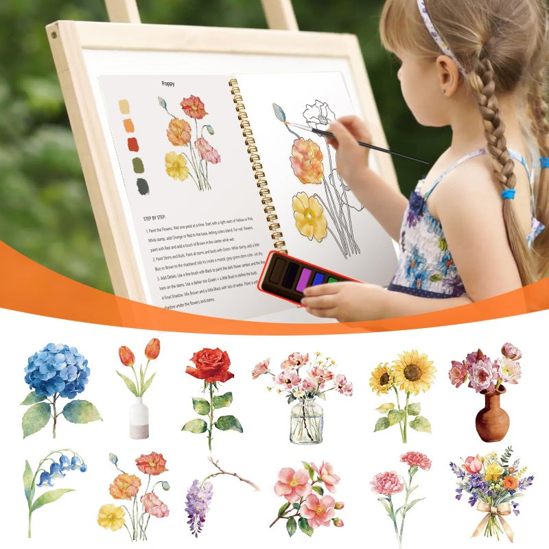 TLM Watercolor Workbook Set,Water Coloring Book Set,12 Different Patterns of Original DIY Designs,12-Color Watercolor Paint Set with Paintbrush,Beginner-Friendly Watercolor Workbooks (flower) - Image 3