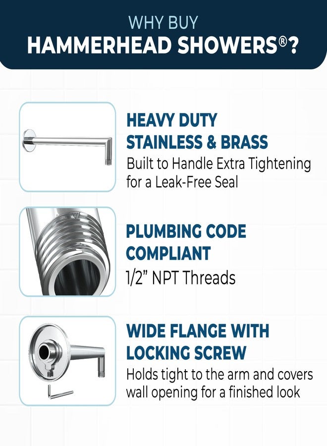 HammerHead Showers ذراع دش HammerHead Showers® معدني بالكامل بطول 16 بوصة مع شفة تثبيت ومسمار تثبيت، ذراع دش طويل، ذراع دش مطري قابل للتمديد، ذراع دش مطري مثبت على الحائط، مطلي بالكروم - Image 2