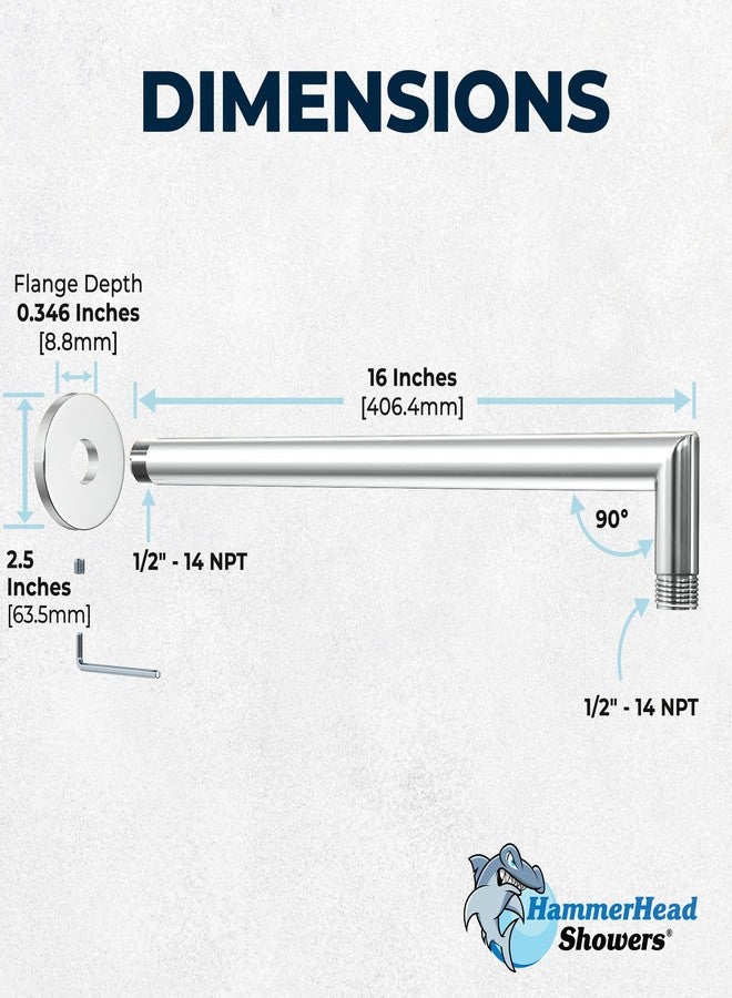 HammerHead Showers ذراع دش HammerHead Showers® معدني بالكامل بطول 16 بوصة مع شفة تثبيت ومسمار تثبيت، ذراع دش طويل، ذراع دش مطري قابل للتمديد، ذراع دش مطري مثبت على الحائط، مطلي بالكروم - Image 5