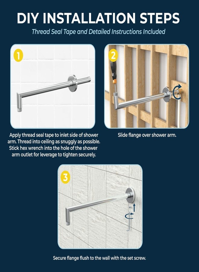 HammerHead Showers ذراع دش HammerHead Showers® معدني بالكامل بطول 16 بوصة مع شفة تثبيت ومسمار تثبيت، ذراع دش طويل، ذراع دش مطري قابل للتمديد، ذراع دش مطري مثبت على الحائط، مطلي بالكروم - Image 3
