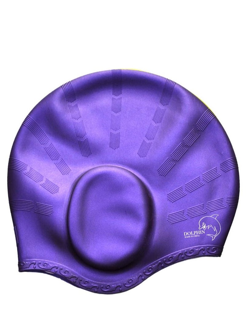 Dolphin Silicone Swim Cap With Ear Protection 3D Waterproof For Adult, Dark Purple - Image 1