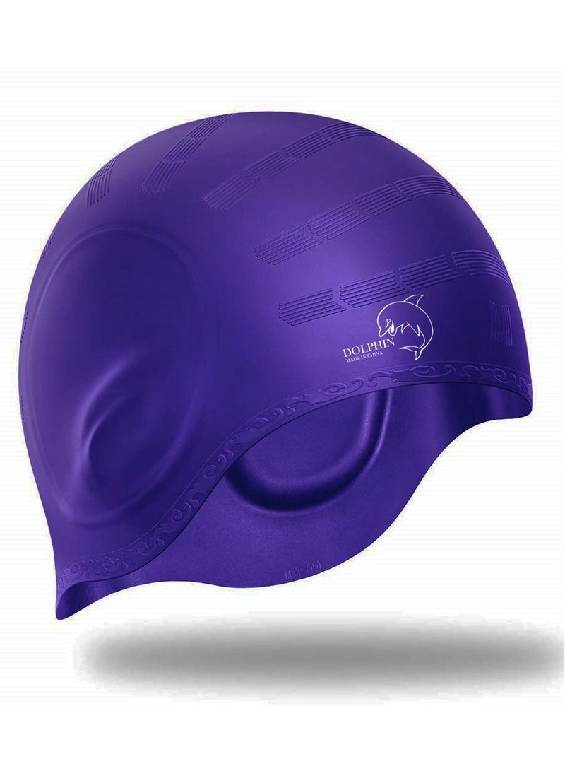 Dolphin Silicone Swim Cap With Ear Protection 3D Waterproof For Adult, Dark Purple - Image 2