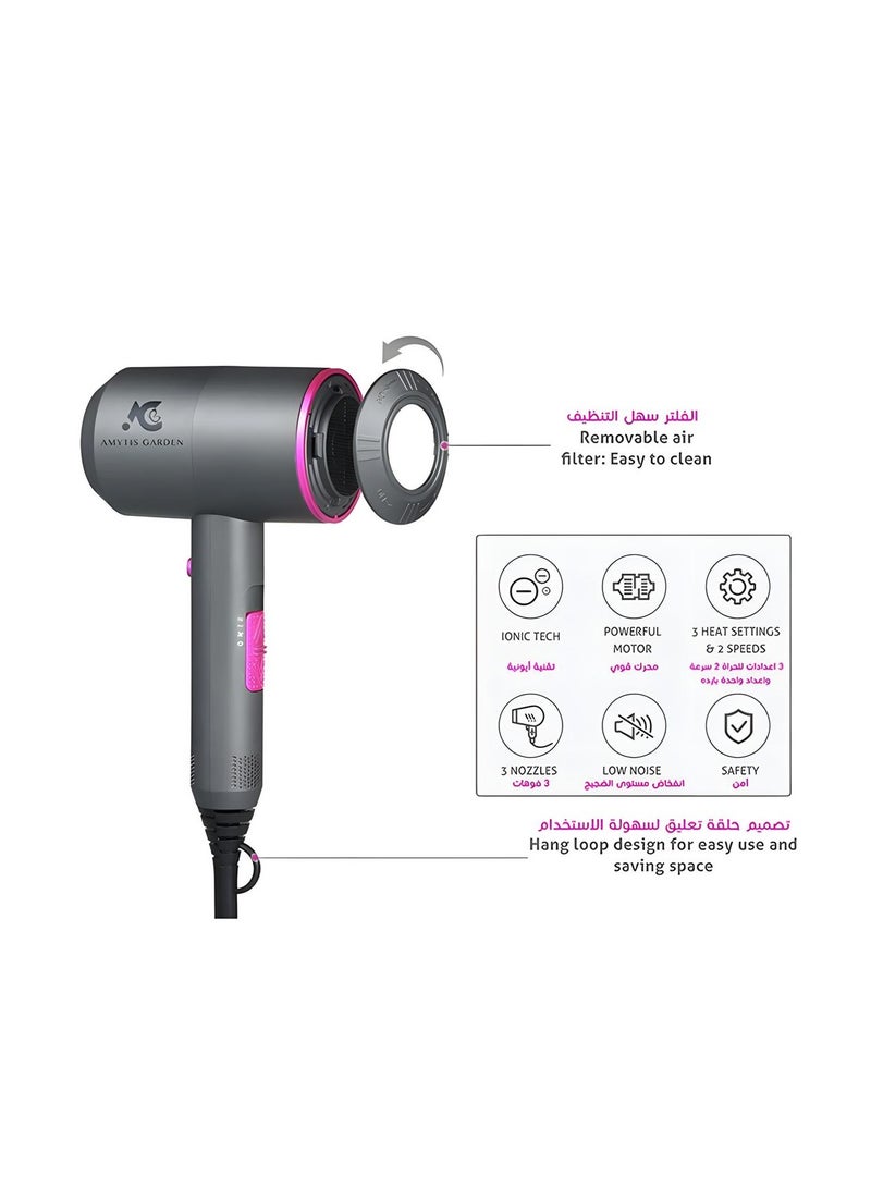 AMYTIS GARDEN Professional High-Performance Hair Dryer – 1500W – Ionic Technology for Smooth & Shiny Hair, 3 Heat Settings & 2 Speeds, Includes 3 Styling Nozzles, Lightweight Design & Low Noise, Ideal for Home & Salon Use - Image 3