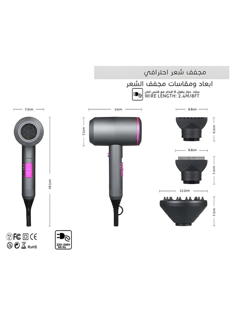 AMYTIS GARDEN Professional High-Performance Hair Dryer – 1500W – Ionic Technology for Smooth & Shiny Hair, 3 Heat Settings & 2 Speeds, Includes 3 Styling Nozzles, Lightweight Design & Low Noise, Ideal for Home & Salon Use - Image 4