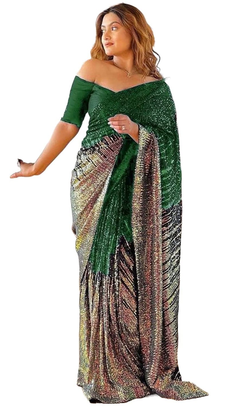 Florely Women's Georgette Sequence Saree For Women With Blouse Piece (Green) - Image 1