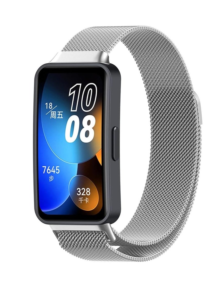 Luxury Design Replacement Strap for Huawei Band 8, Breathable and Waterproof, Stainless Steel Mesh Strap, Magnetic Buckle, Easy to Install, Adjustable Length Watch Strap for Women Men Silver - Image 2