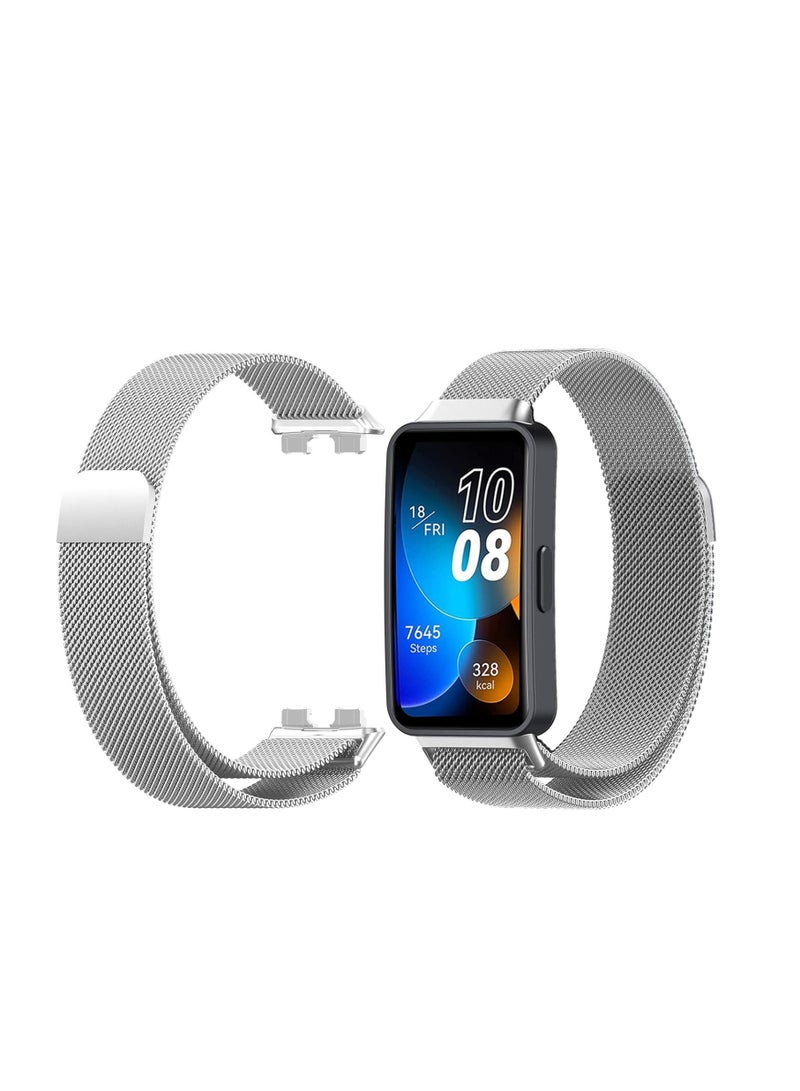 Luxury Design Replacement Strap for Huawei Band 8, Breathable and Waterproof, Stainless Steel Mesh Strap, Magnetic Buckle, Easy to Install, Adjustable Length Watch Strap for Women Men Silver - Image 3