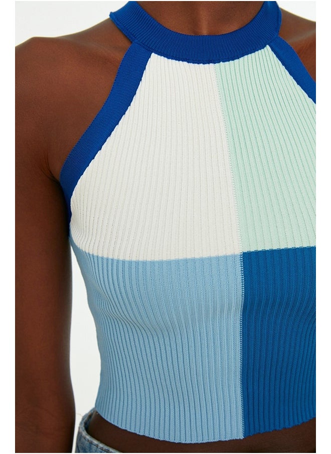 trendyol - Blue Crop Color Block Knitwear Knitwear Blouse TWOSS22BZ0402 - Image 1