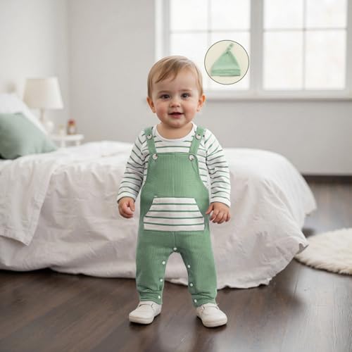 Bonangber Newborn Baby Boy Fall Winter Clothes Striped Long Sleeve Romper Overall Pants Hat 3Pcs Set Cute Coming Home Outfit(B-green,0-3 Months) - Image 2