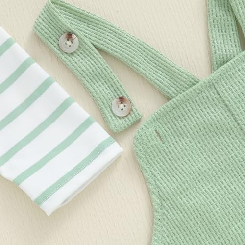 Bonangber Newborn Baby Boy Fall Winter Clothes Striped Long Sleeve Romper Overall Pants Hat 3Pcs Set Cute Coming Home Outfit(B-green,0-3 Months) - Image 4