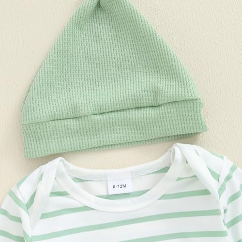 Bonangber Newborn Baby Boy Fall Winter Clothes Striped Long Sleeve Romper Overall Pants Hat 3Pcs Set Cute Coming Home Outfit(B-green,0-3 Months) - Image 3
