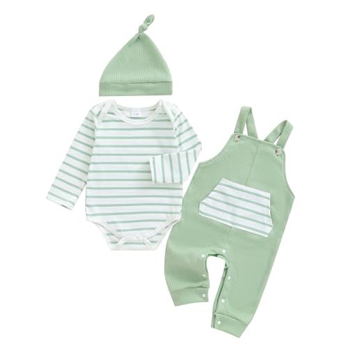 Bonangber Newborn Baby Boy Fall Winter Clothes Striped Long Sleeve Romper Overall Pants Hat 3Pcs Set Cute Coming Home Outfit(B-green,0-3 Months) - Image 1